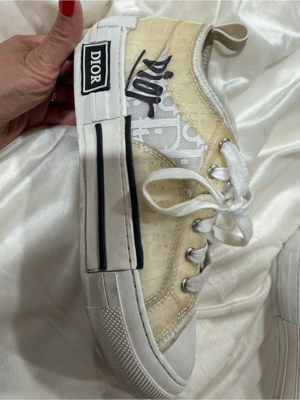 Dior Cream and White Low-Top Sneaker with Black Logo